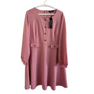 Allegra K Dress Women XL Polyester Pink Solid Button Long Sleeve Midi A-Line Rou